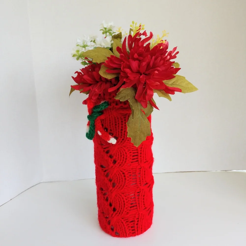 Hand Crafted Bottle Vase Cover Red Holiday Bar Cart Essential Botanical